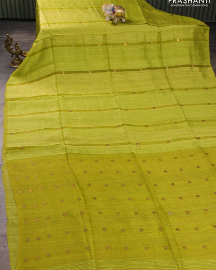 Matka silk saree lime green with allover coin buttas in borderless style