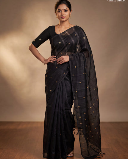 Matka silk saree black with allover coin buttas in borderless style