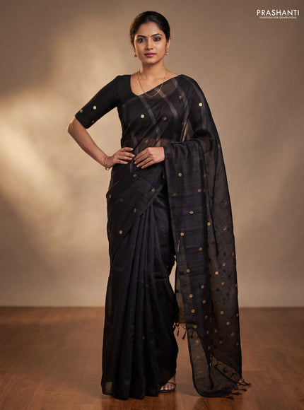 Matka silk saree black with allover coin buttas in borderless style