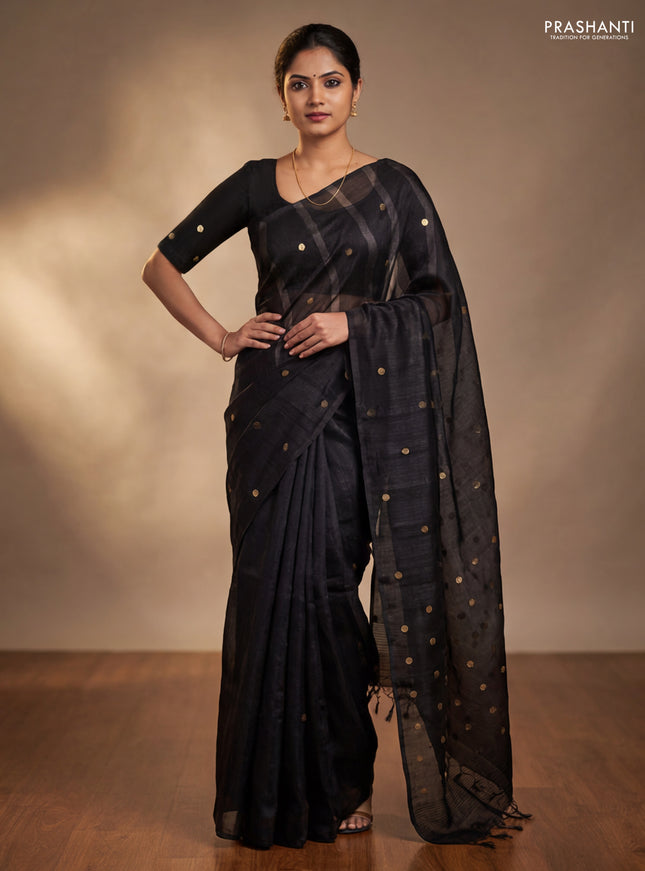 Matka silk saree black with allover coin buttas in borderless style