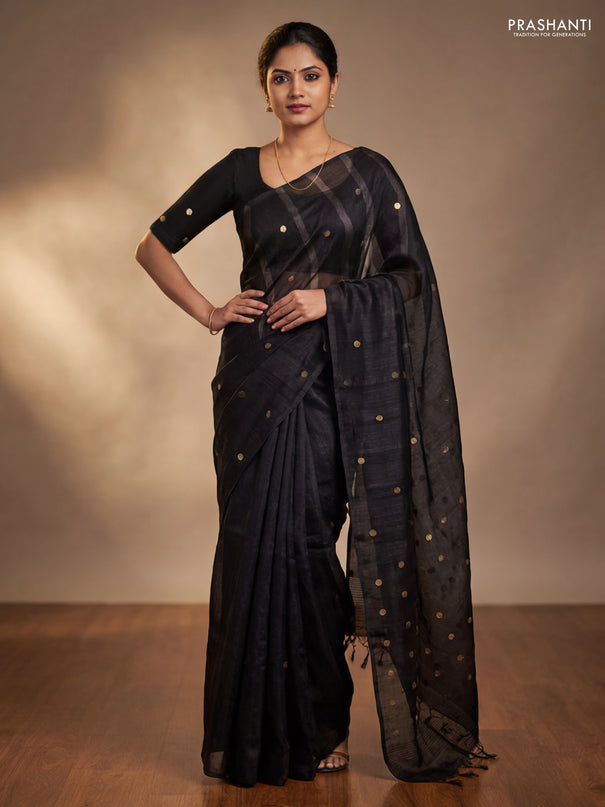 Matka silk saree black with allover coin buttas in borderless style