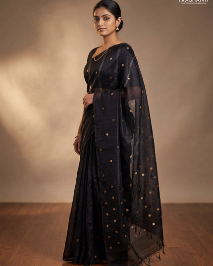 Matka silk saree black with allover coin buttas in borderless style