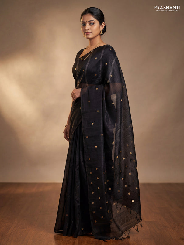Matka silk saree black with allover coin buttas in borderless style