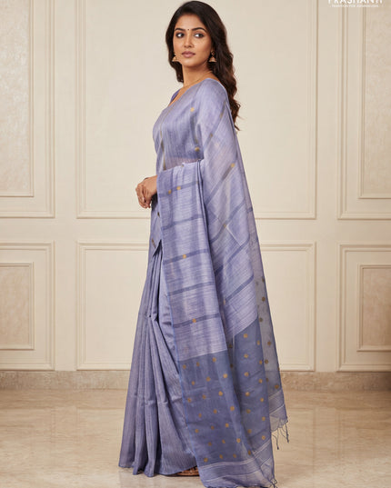 Matka silk saree grey with allover coin buttas in borderless style