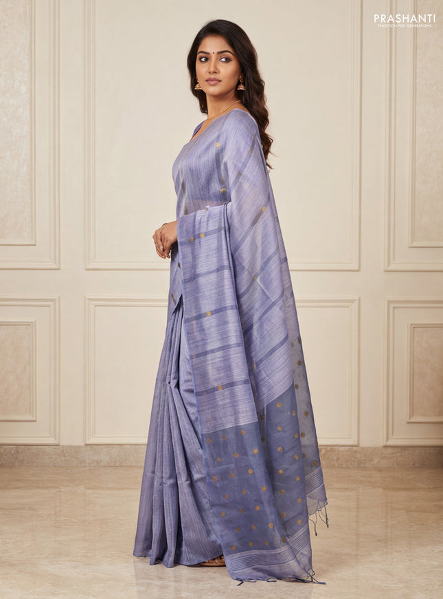 Matka silk saree grey with allover coin buttas in borderless style