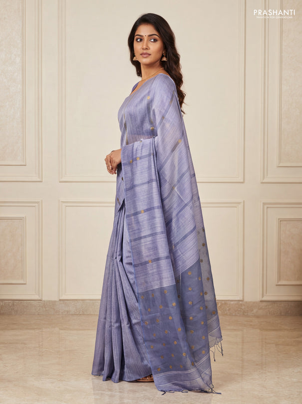 Matka silk saree grey with allover coin buttas in borderless style