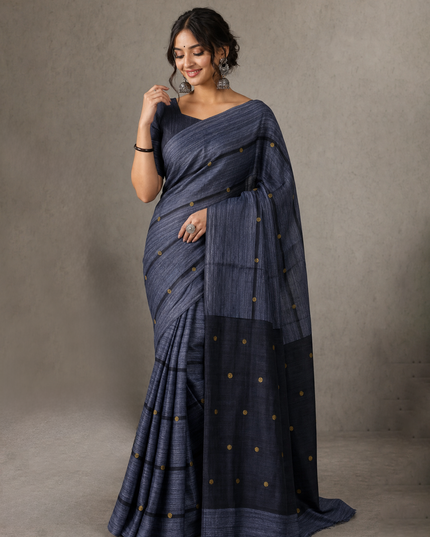 Matka silk saree grey with allover coin buttas in borderless style