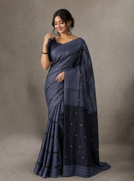Matka silk saree grey with allover coin buttas in borderless style
