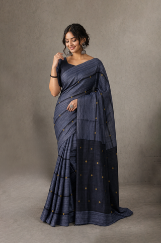 Matka silk saree grey with allover coin buttas in borderless style