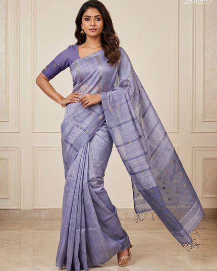 Matka silk saree grey with allover coin buttas in borderless style