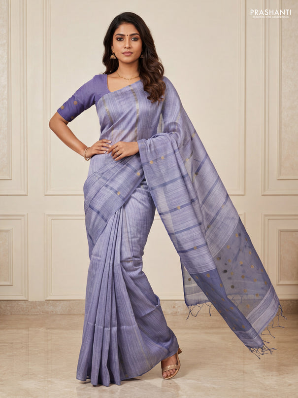 Matka silk saree grey with allover coin buttas in borderless style