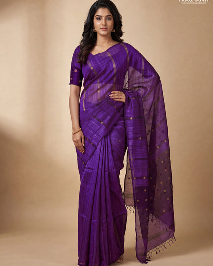 Matka silk saree purple with allover coin buttas in borderless style