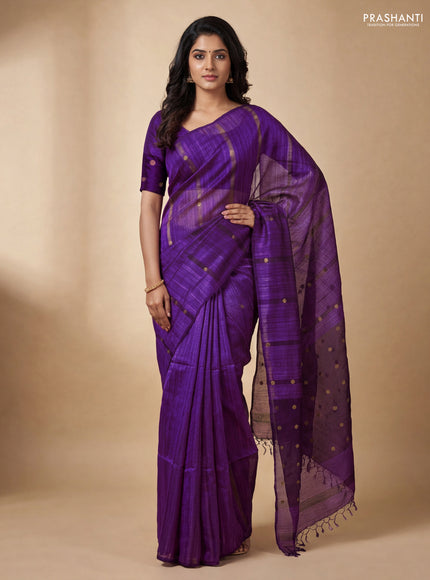 Matka silk saree purple with allover coin buttas in borderless style