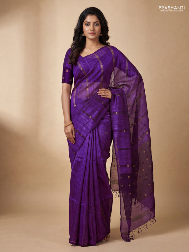Matka silk saree purple with allover coin buttas in borderless style
