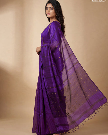 Matka silk saree purple with allover coin buttas in borderless style