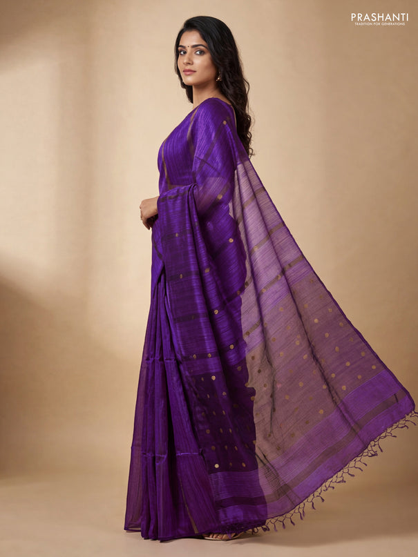 Matka silk saree purple with allover coin buttas in borderless style