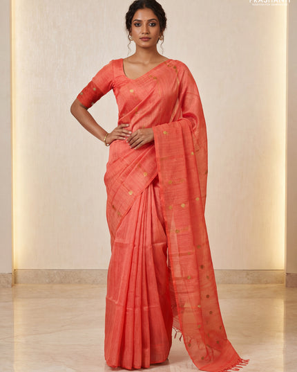 Matka silk saree orange with allover coin buttas in borderless style