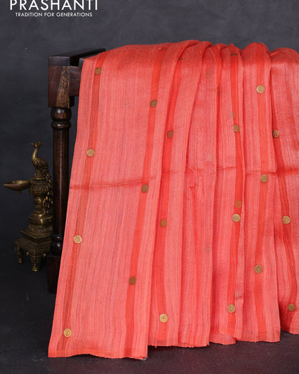 Matka silk saree orange with allover coin buttas in borderless style