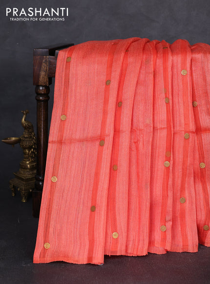 Matka silk saree orange with allover coin buttas in borderless style