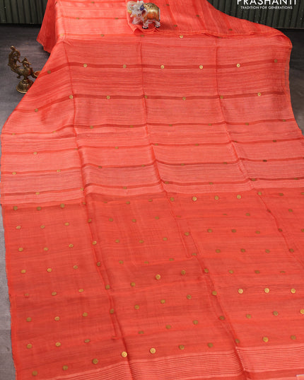 Matka silk saree orange with allover coin buttas in borderless style