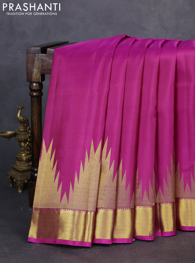 Pure kanchipuram silk saree pink with plain body and temple zari woven border