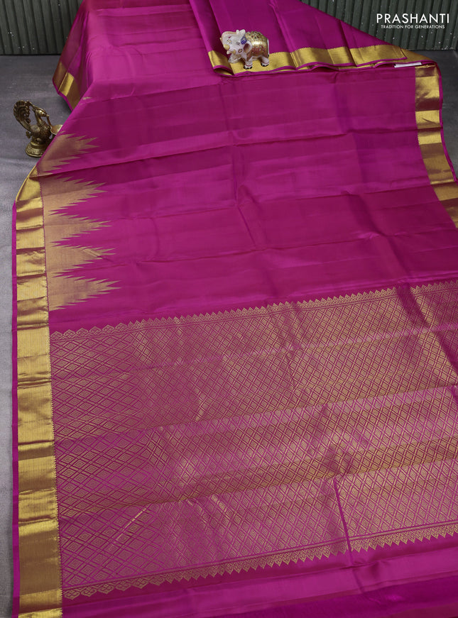 Pure kanchipuram silk saree pink with plain body and temple zari woven border