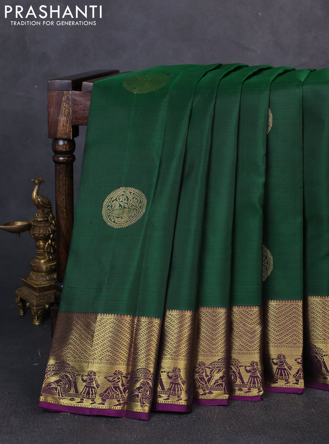 Pure kanchipuram silk saree bottle green and violet with zari woven buttas and zari woven border