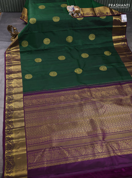Pure kanchipuram silk saree bottle green and violet with zari woven buttas and zari woven border