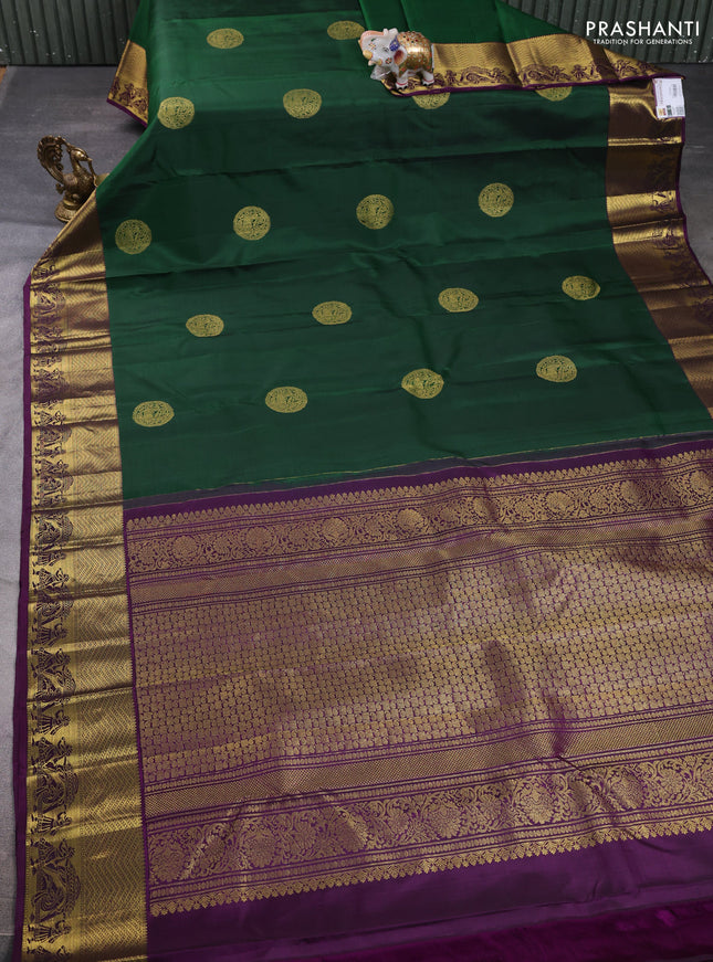 Pure kanchipuram silk saree bottle green and violet with zari woven buttas and zari woven border