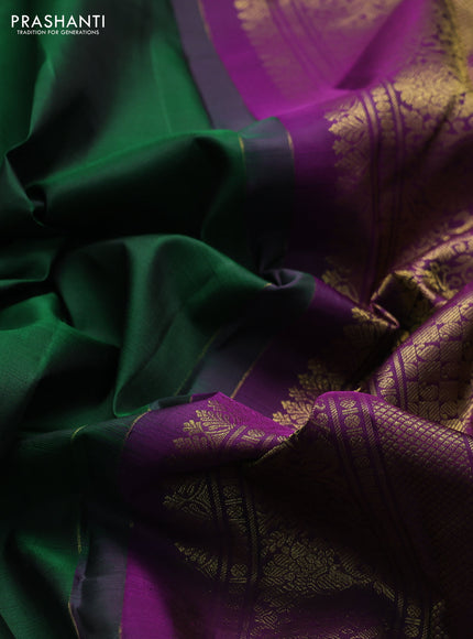 Pure kanchipuram silk saree bottle green and violet with zari woven buttas and zari woven border