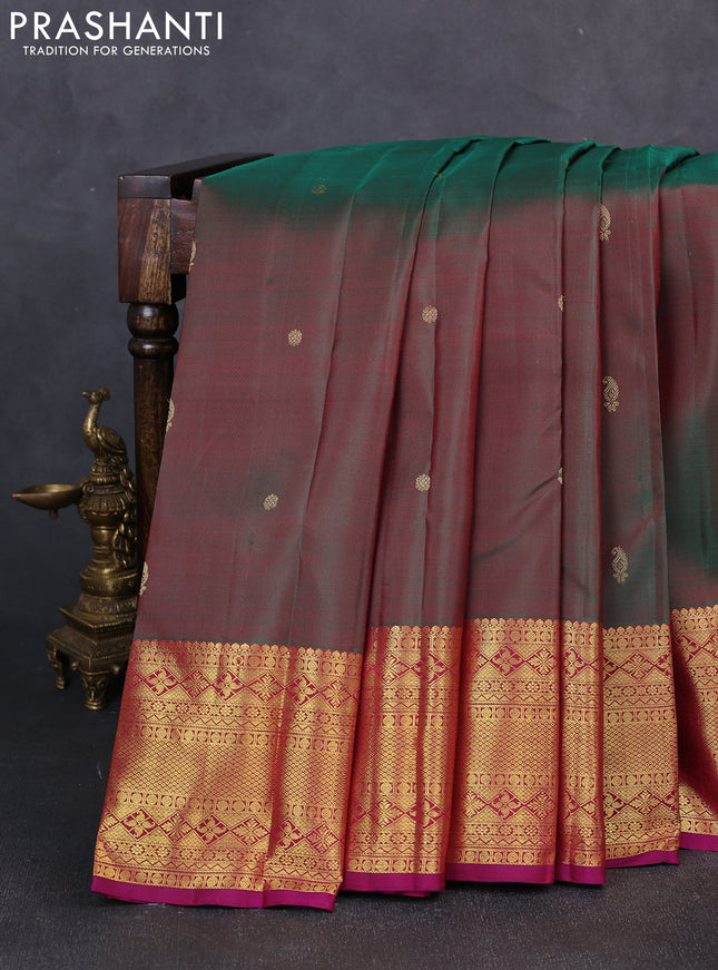 Pure kanchipuram silk saree dual shade of green and magenta pink with zari woven buttas and long zari woven border