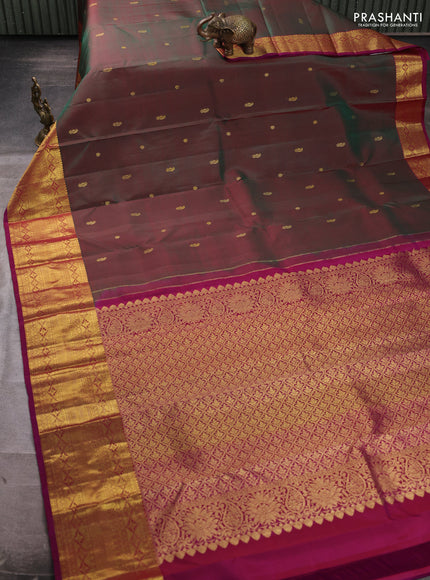 Pure kanchipuram silk saree dual shade of green and magenta pink with zari woven buttas and long zari woven border