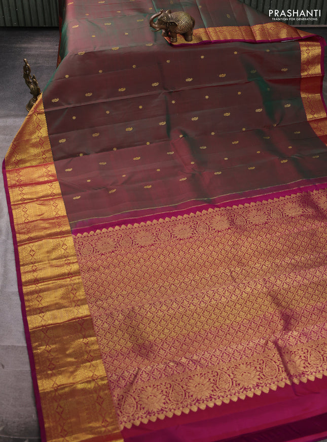Pure kanchipuram silk saree dual shade of green and magenta pink with zari woven buttas and long zari woven border