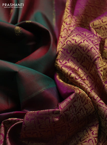 Pure kanchipuram silk saree dual shade of green and magenta pink with zari woven buttas and long zari woven border