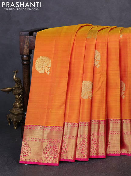 Pure kanchipuram silk saree mustard yellow and pink with zari woven buttas and zari woven border