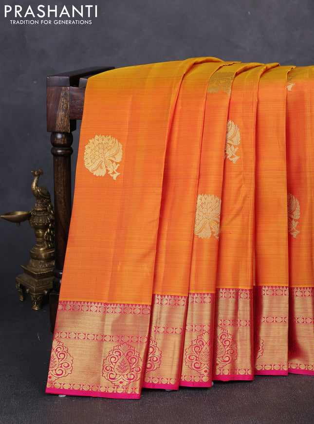 Pure kanchipuram silk saree mustard yellow and pink with zari woven buttas and zari woven border