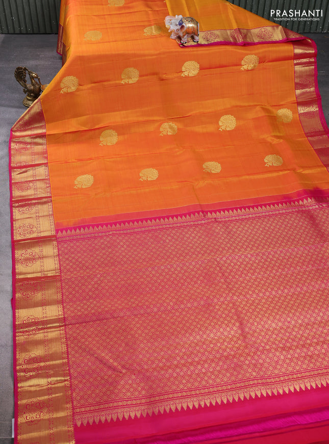 Pure kanchipuram silk saree mustard yellow and pink with zari woven buttas and zari woven border