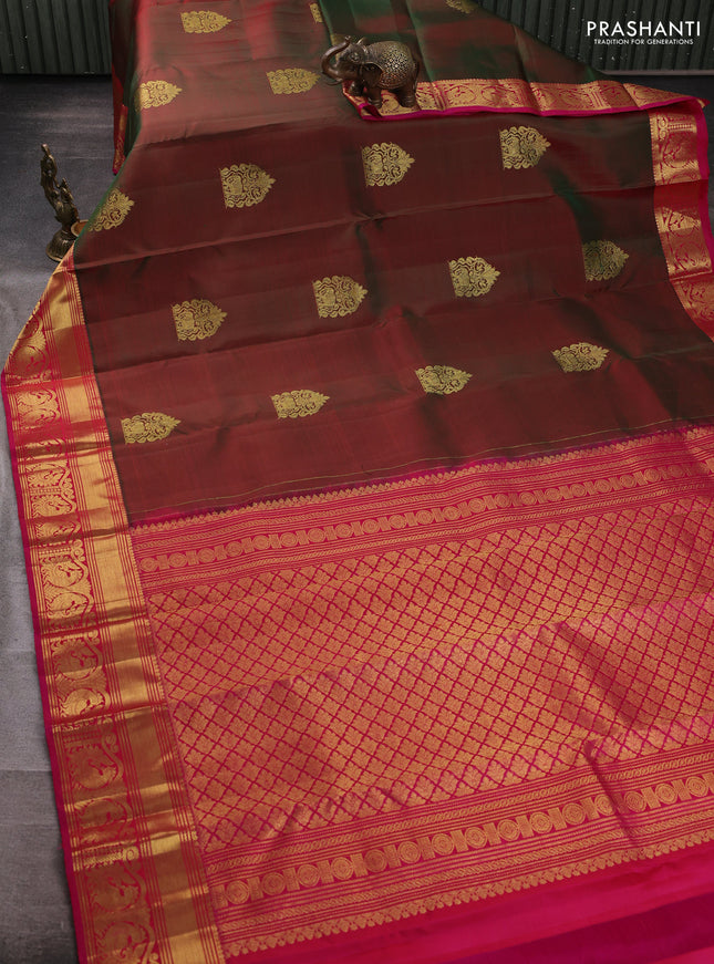 Pure kanchipuram silk saree manthulir green and pink with zari woven buttas and zari woven border