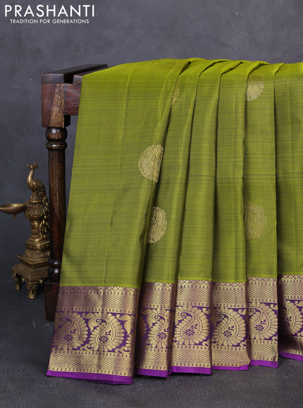 Pure kanchipuram silk saree light green and violet with zari woven buttas and zari woven border