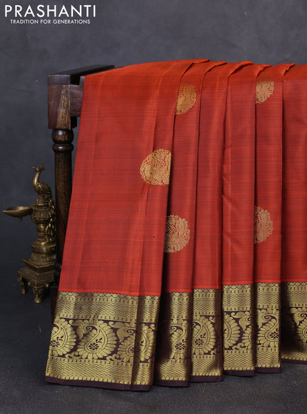 Pure kanchipuram silk saree rustic orange and coffee brown with zari woven buttas and zari woven border