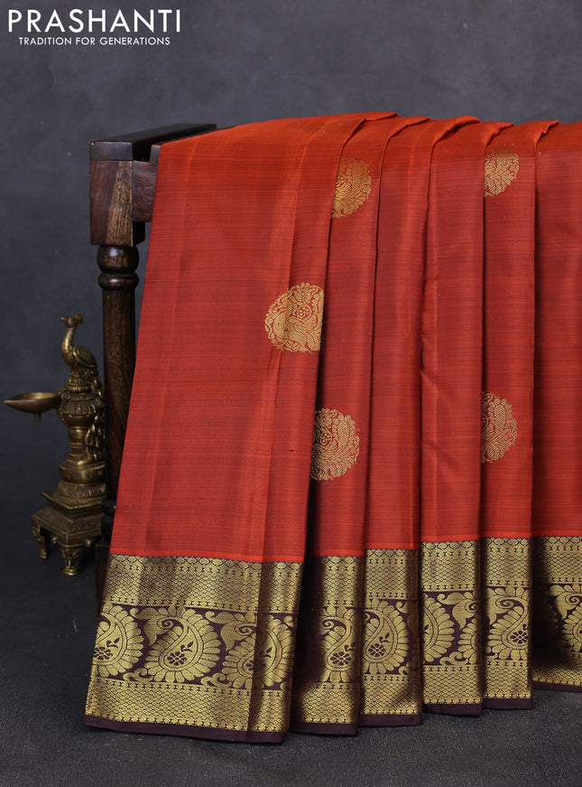 Pure kanchipuram silk saree rustic orange and coffee brown with zari woven buttas and zari woven border