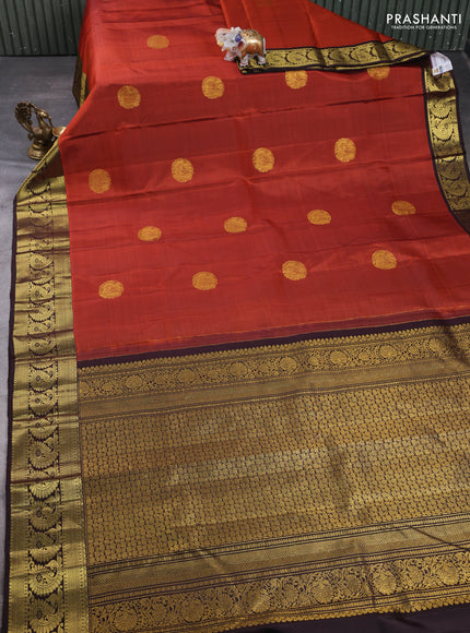 Pure kanchipuram silk saree rustic orange and coffee brown with zari woven buttas and zari woven border