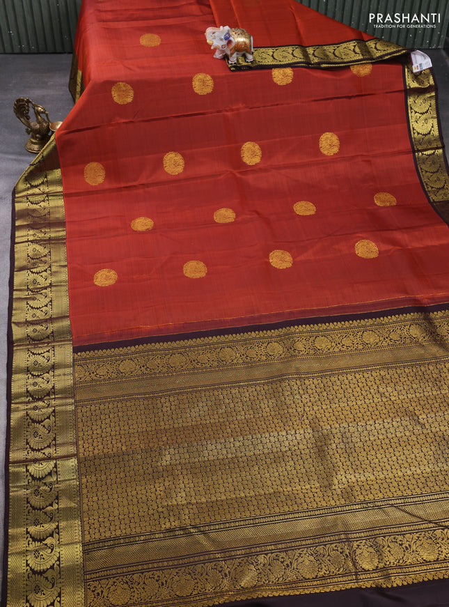 Pure kanchipuram silk saree rustic orange and coffee brown with zari woven buttas and zari woven border