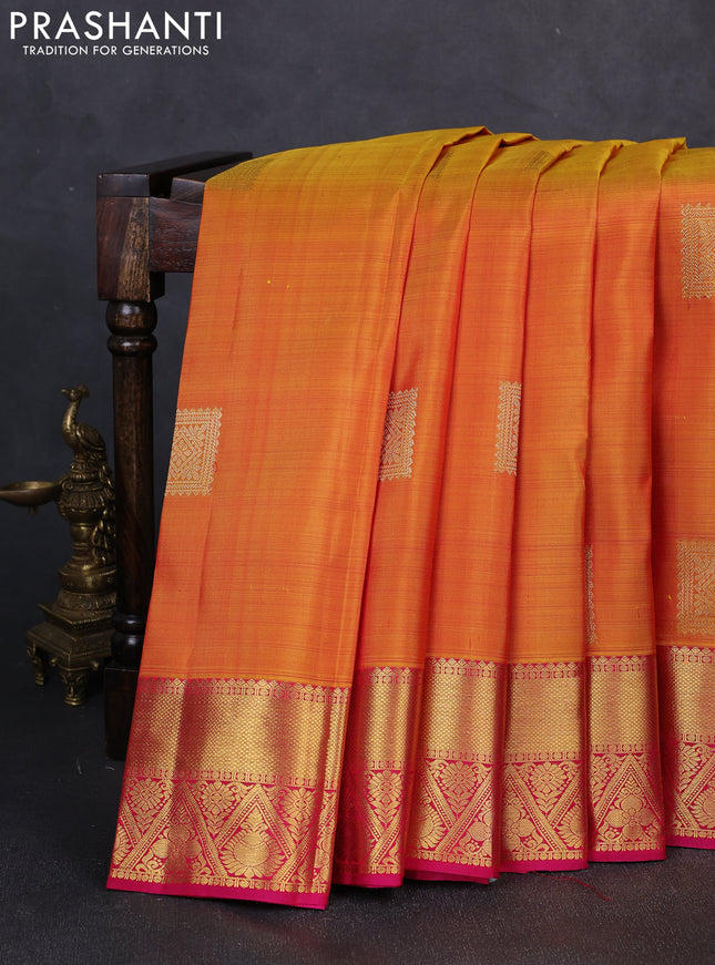 Pure kanchipuram silk saree mustard yellow and pink with zari woven buttas and zari woven border
