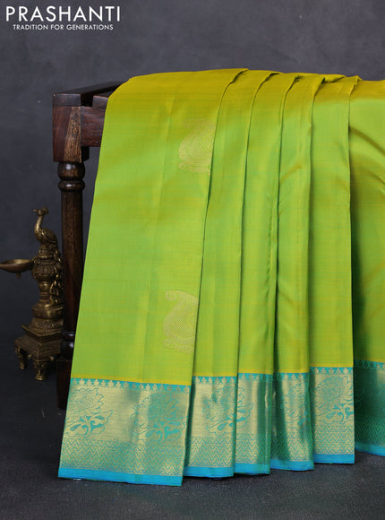 Pure kanchipuram silk saree light green and cs blue with zari woven buttas and zari woven border