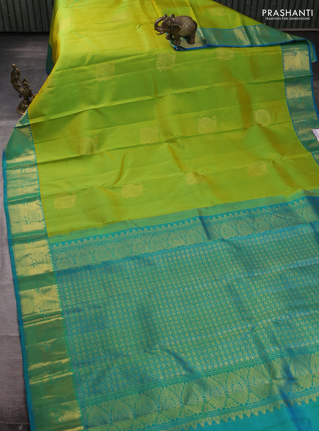 Pure kanchipuram silk saree light green and cs blue with zari woven buttas and zari woven border