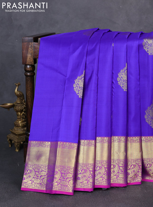 Pure kanchipuram silk saree royal blue and pink with zari woven buttas and zari woven border
