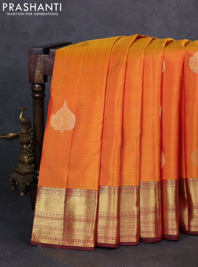 Pure kanchipuram silk saree mustard yellow and deep maroon with zari woven buttas and zari woven border