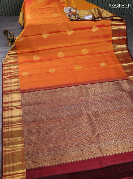 Pure kanchipuram silk saree mustard yellow and deep maroon with zari woven buttas and zari woven border