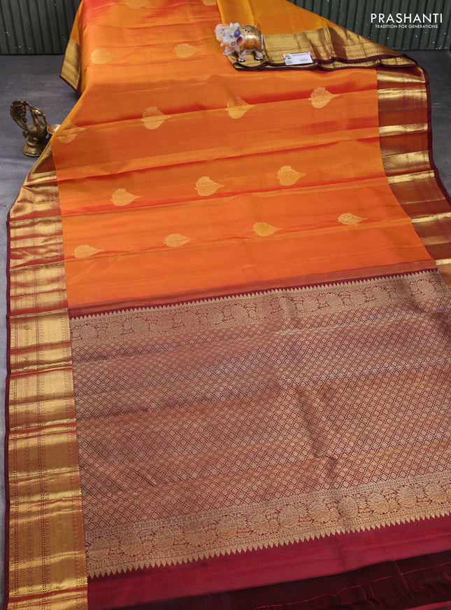 Pure kanchipuram silk saree mustard yellow and deep maroon with zari woven buttas and zari woven border